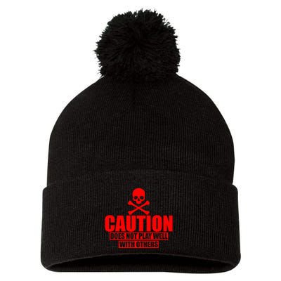 Caution Does Not Play Well With Others Pom Pom 12in Knit Beanie