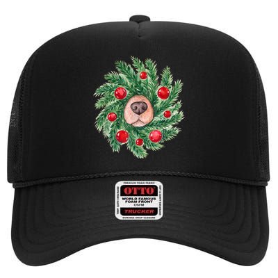 Cute Dog Nose Christmas Wreath Christmas Dog Mom Dog Lover High Crown Mesh Back Trucker Hat