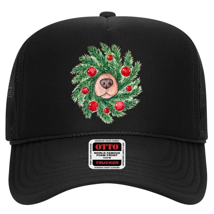 Cute Dog Nose Christmas Wreath Christmas Dog Mom Dog Lover High Crown Mesh Back Trucker Hat