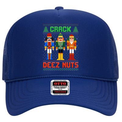 Crack Deez Nuts Nutcracker Ugly Christmas Funny Xmas High Crown Mesh Back Trucker Hat