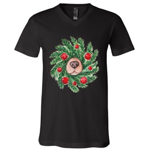 Cute Dog Nose Christmas Wreath Christmas Dog Mom Dog Lover V-Neck T-Shirt