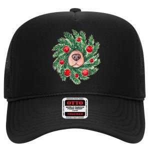 Cute Dog Nose Christmas Wreath Christmas Dog Mom Dog Lover High Crown Mesh Back Trucker Hat