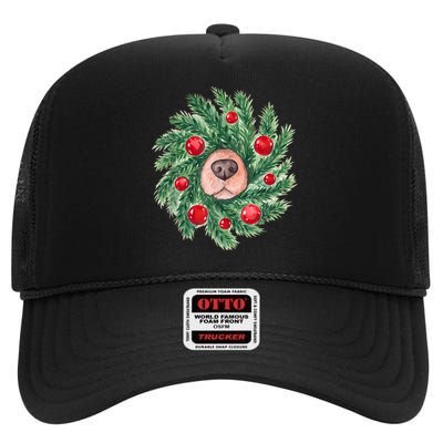 Cute Dog Nose Christmas Wreath Christmas Dog Mom Dog Lover High Crown Mesh Back Trucker Hat