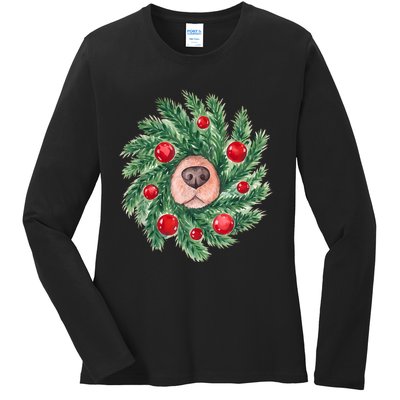 Cute Dog Nose Christmas Wreath Christmas Dog Mom Dog Lover Ladies Long Sleeve Shirt