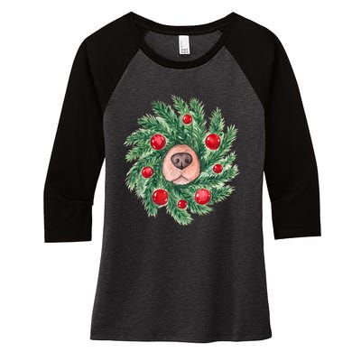 Cute Dog Nose Christmas Wreath Christmas Dog Mom Dog Lover Women's Tri-Blend 3/4-Sleeve Raglan Shirt