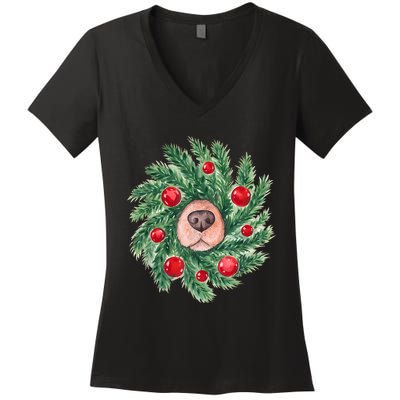 Cute Dog Nose Christmas Wreath Christmas Dog Mom Dog Lover Women's V-Neck T-Shirt