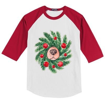 Cute Dog Nose Christmas Wreath Christmas Dog Mom Dog Lover Kids Colorblock Raglan Jersey