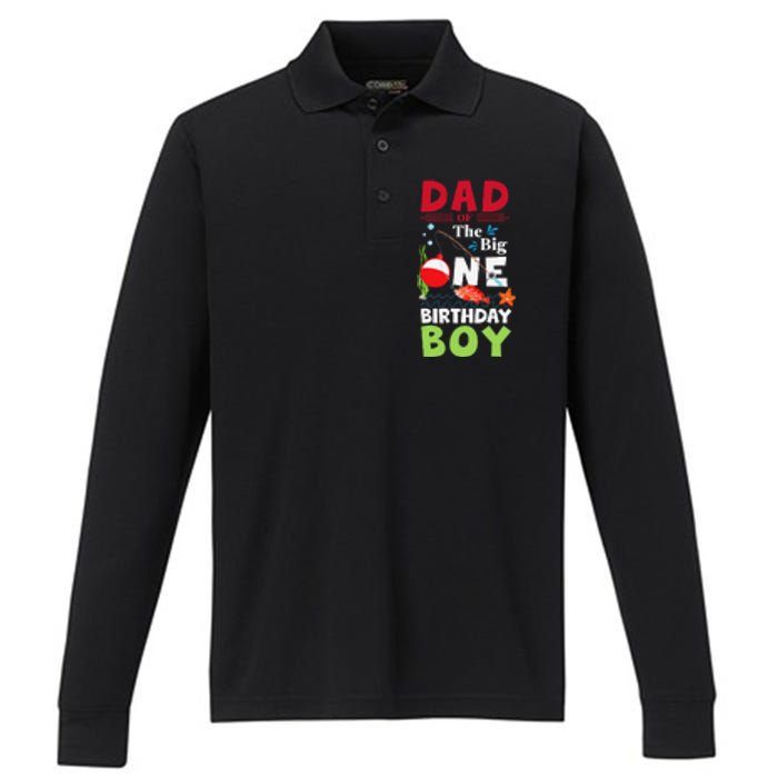 Cute Dad Of The Big One Birthday Fishing 1st First Birthday Gift Performance Long Sleeve Polo