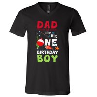 Cute Dad Of The Big One Birthday Fishing 1st First Birthday Gift V-Neck T-Shirt