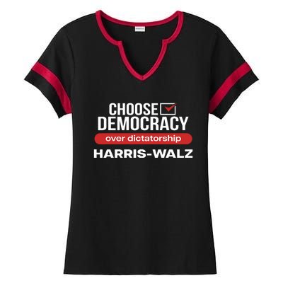 Choose Democracy Over Dictatorship Harris Walz Ladies Halftime Notch Neck Tee