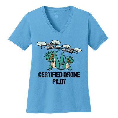 Certified Drone Pilot Trex Dinosaur Fathers Funny Gift Women's V-Neck T-Shirt