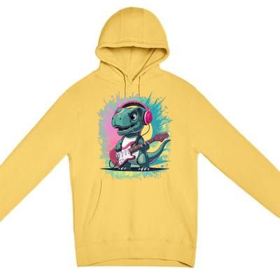 Cute Dinosaur Playing A Guitar Premium Pullover Hoodie