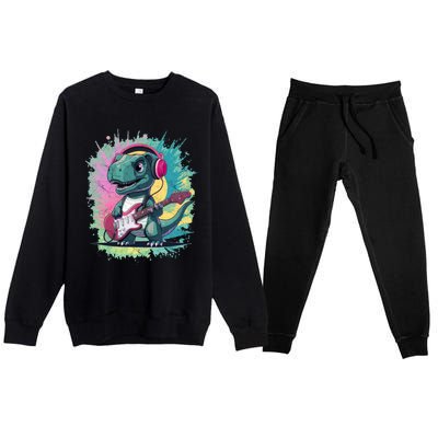 Cute Dinosaur Playing A Guitar Premium Crewneck Sweatsuit Set