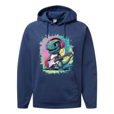 Cute Dinosaur Playing A Guitar Performance Fleece Hoodie