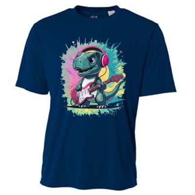 Cute Dinosaur Playing A Guitar Cooling Performance Crew T-Shirt