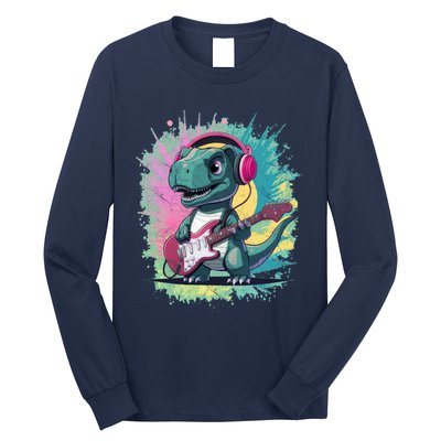 Cute Dinosaur Playing A Guitar Long Sleeve Shirt