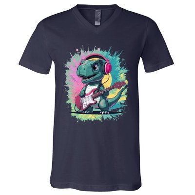 Cute Dinosaur Playing A Guitar V-Neck T-Shirt