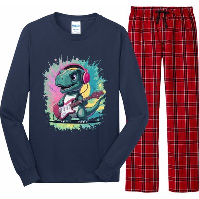 Cute Dinosaur Playing A Guitar Long Sleeve Pajama Set