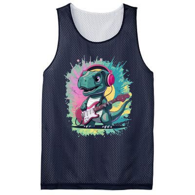 Cute Dinosaur Playing A Guitar Mesh Reversible Basketball Jersey Tank