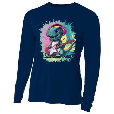 Cute Dinosaur Playing A Guitar Cooling Performance Long Sleeve Crew