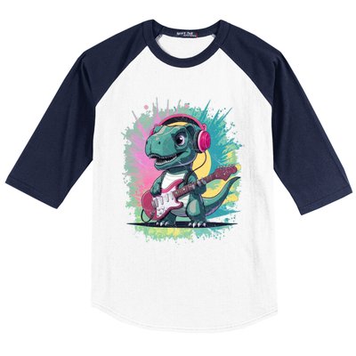 Cute Dinosaur Playing A Guitar Baseball Sleeve Shirt