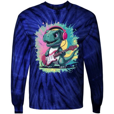 Cute Dinosaur Playing A Guitar Tie-Dye Long Sleeve Shirt