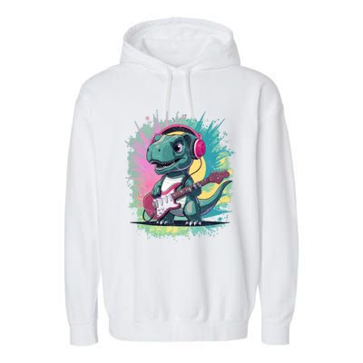 Cute Dinosaur Playing A Guitar Garment-Dyed Fleece Hoodie