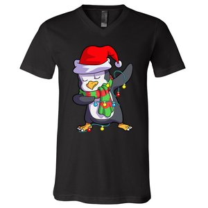 Christmas Dabbing Penguin Matching Family V-Neck T-Shirt