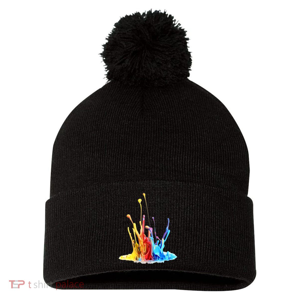 Cool Design Paint Splatter Graphic Pom Pom 12in Knit Beanie