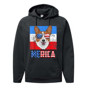 Corgi Dog Patriotic USA 4th Of July American Flag Merica Performance Fleece Hoodie