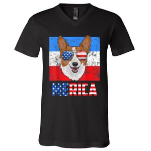 Corgi Dog Patriotic USA 4th Of July American Flag Merica V-Neck T-Shirt