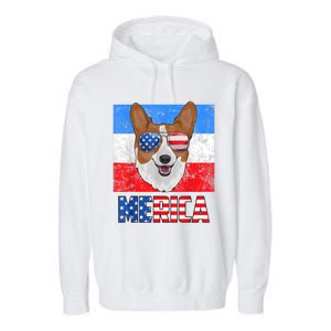 Corgi Dog Patriotic USA 4th Of July American Flag Merica Garment-Dyed Fleece Hoodie