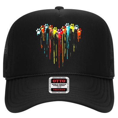 Colorful Dog Paw Heart High Crown Mesh Back Trucker Hat