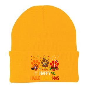 Cat Dog Paw Print Happy Hallothanksmas Halloween Christmas Funny Gift Knit Cap Winter Beanie