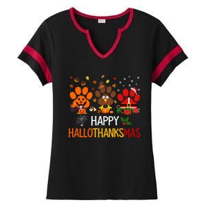 Cat Dog Paw Print Happy Hallothanksmas Halloween Christmas Funny Gift Ladies Halftime Notch Neck Tee