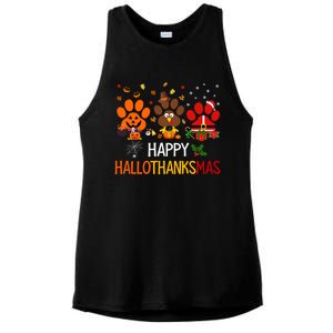 Cat Dog Paw Print Happy Hallothanksmas Halloween Christmas Funny Gift Ladies PosiCharge Tri-Blend Wicking Tank