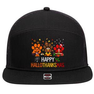 Cat Dog Paw Print Happy Hallothanksmas Halloween Christmas Funny Gift 7 Panel Mesh Trucker Snapback Hat