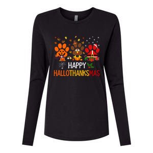 Cat Dog Paw Print Happy Hallothanksmas Halloween Christmas Funny Gift Womens Cotton Relaxed Long Sleeve T-Shirt