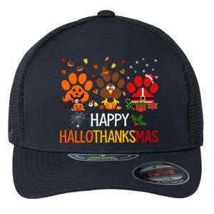 Cat Dog Paw Print Happy Hallothanksmas Halloween Christmas Funny Gift Flexfit Unipanel Trucker Cap