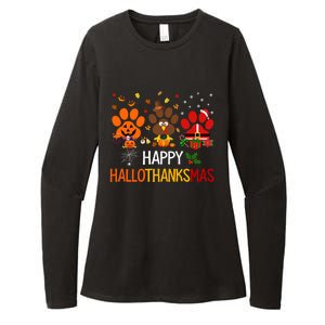 Cat Dog Paw Print Happy Hallothanksmas Halloween Christmas Funny Gift Womens CVC Long Sleeve Shirt