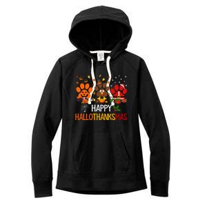 Cat Dog Paw Print Happy Hallothanksmas Halloween Christmas Funny Gift Women's Fleece Hoodie