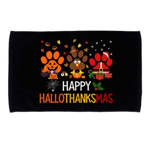 Cat Dog Paw Print Happy Hallothanksmas Halloween Christmas Funny Gift Microfiber Hand Towel