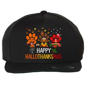 Cat Dog Paw Print Happy Hallothanksmas Halloween Christmas Funny Gift Wool Snapback Cap