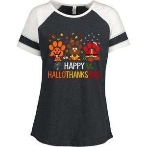 Cat Dog Paw Print Happy Hallothanksmas Halloween Christmas Funny Gift Enza Ladies Jersey Colorblock Tee