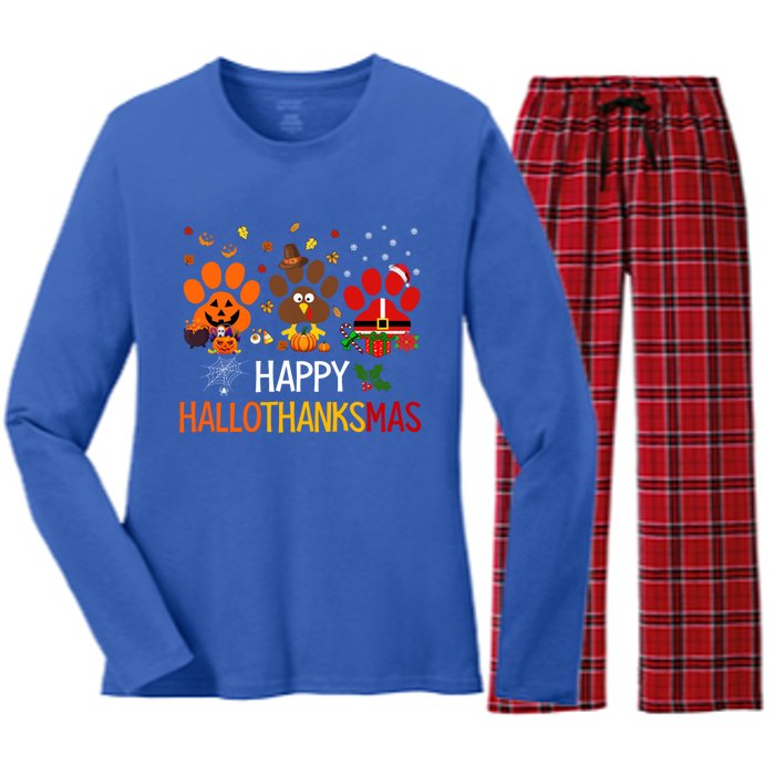 Cat Dog Paw Print Happy Hallothanksmas Halloween Christmas Funny Gift Women's Long Sleeve Flannel Pajama Set 