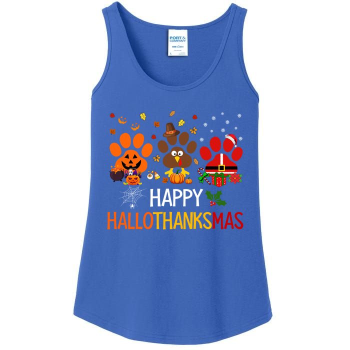 Cat Dog Paw Print Happy Hallothanksmas Halloween Christmas Funny Gift Ladies Essential Tank