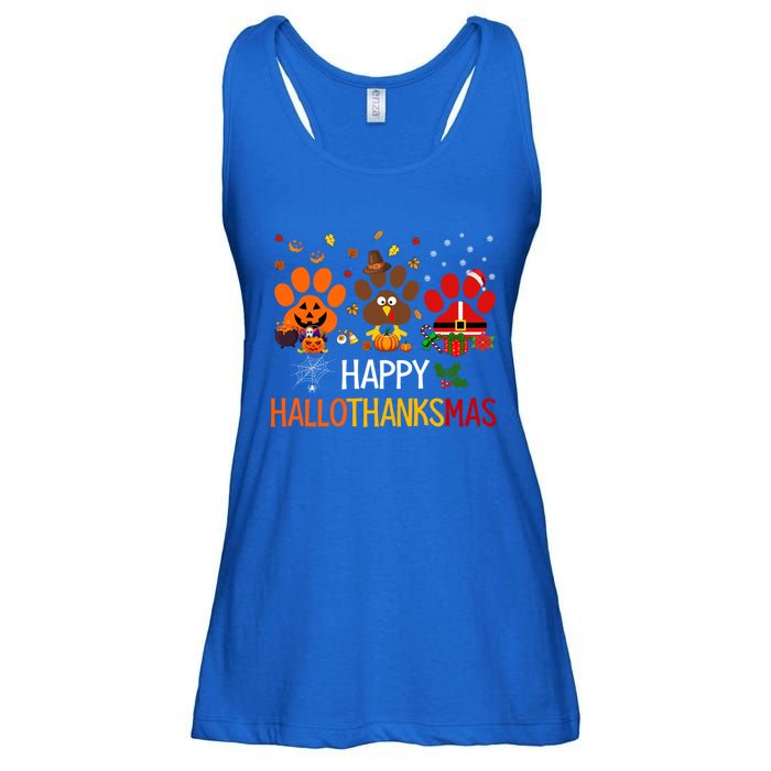 Cat Dog Paw Print Happy Hallothanksmas Halloween Christmas Funny Gift Ladies Essential Flowy Tank