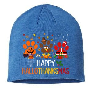 Cat Dog Paw Print Happy Hallothanksmas Halloween Christmas Funny Gift Sustainable Beanie