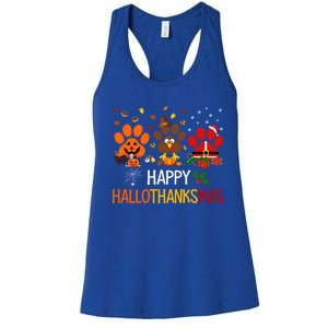 Cat Dog Paw Print Happy Hallothanksmas Halloween Christmas Funny Gift Women's Racerback Tank