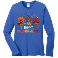 Cat Dog Paw Print Happy Hallothanksmas Halloween Christmas Funny Gift Ladies Long Sleeve Shirt